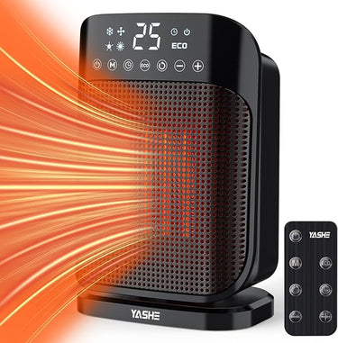 YASHE Ventilador Calefactor Cerámico 1800W, Calentador de Baño con Control Remoto, 3 Velocidades, Ahorro de Energía, Termostato, Temporizador de 24 Horas, Oscilación de 75°, Negro